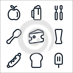 Food line icons. linear set. quality vector line set such as ice cream, bread, hot dog, glass, cheese, spoon, cutlery, beer