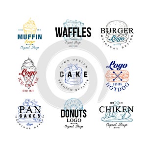 Food logo design set, muffin, waffles, burger, cake, hotdog, pancakes, donut, chiken, ice crem emblems for cafe