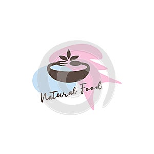 Food logo illustration bowl and natural leaf design vector template