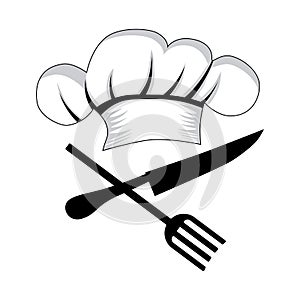 Food logo. Logo for Cooking school class with icon bbq tools, grill fork, spatula, text typography Coocking School, Cuisine.