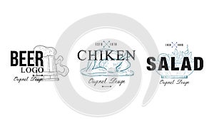 Food Logo Original Design Templates Collection, Beer, Chicken, Salad Labels Vector Illustration