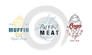 Food Logo Original Design Templates Set, Muffin, Meat, Ice Cream Labels Vector Illustration