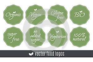 Food logos set. Organic Vegan Sugar Gluten free Bio Vegetarian 100 Natural labels. Vector green stickers isolated on white backgro