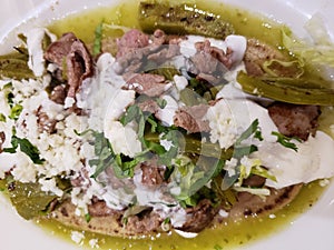 approach to dish with huarache of meat dipped in green sauce with cream, cheese and vegetables, typical mexican food