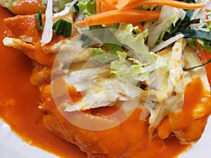 chilaquiles in red sauce and salad with vegetables, typical mexican food