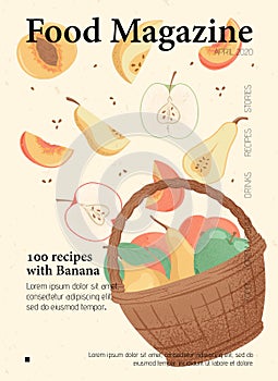 Food magazine vector hand drawn card template. Basket full of fruits for autumn farm market banner design.