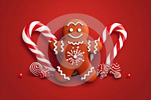 food man holiday cookie decoration background celebration sweet gingerbread caramel christmas red. Generative AI.