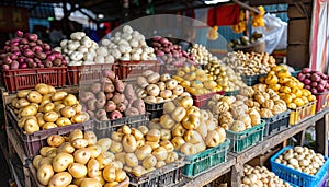 Food market features a variety of fruits and vegetables for sale