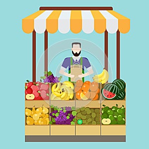 Food market fruit vector flat shop concept: salesman, sale