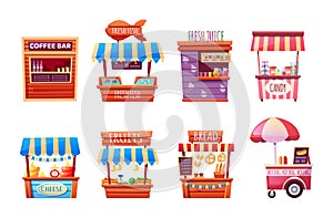 Food market. Set of street tent, car, truck, van selling fruits, bread, pizza, dairy product, candy, cheese, ice cream, coffee bar