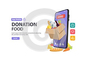 Food and meal donation to people with app on a smartphone, volunteering and charity illustration