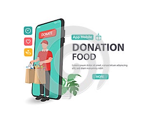 Food and meal donation to people holding food with app on a smartphone, volunteering and charity