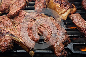 Food meat - chicken and beef on barbecue grill