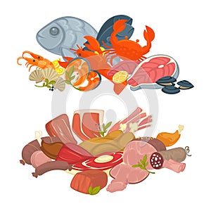 Food meat, fish and seafood vector flat icons set