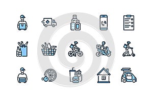 Food and medicines delivery flat line icon set blue color. Vector illustration couriers on different transport