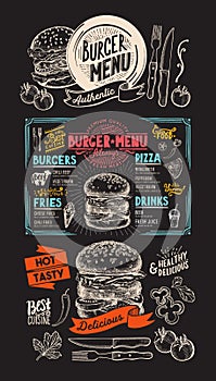 Food menu for burger restaurant. Vector food flyer for bar and photo