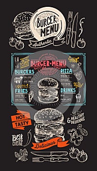 Food menu for burger restaurant. Vector food flyer for bar and