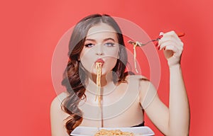 Food and menu. Italia cuisine. Bolognese pasta. Spaghetti girl. Italian cuisine. Sexy woman eating carbonara.