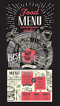 Food menu for restaurant. Vector template on chalkboard background. Design flyer with vintage hand-drawn illustrations.