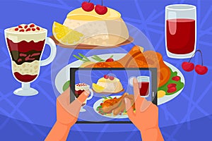 Food mobile photo, phone in hand vector illustration. Smartphone photography by camera, restaurant lunch on table