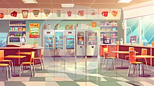 Food modern cartoon background. Student dining and lunch hall in college cafeteria. Office lunchroom foodcourt with
