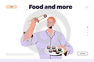 Food and more landing page design template with cartoon man character eating sushi with chopstick