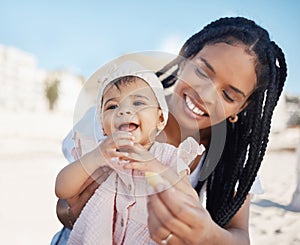 Food, mother and baby at a beach as a happy family on a fun picnic bonding, relaxing or eating on holiday in Brazil