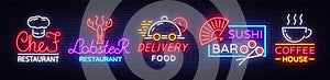 Food neon sign vector collection. Set neon logos, emblems, symbols, Chief Restaurant, Lobster Restaurant, Food Delivery
