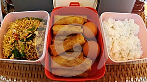 Food, noodles, springroll, egg, rice