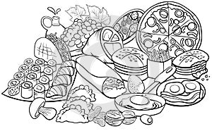 Food objects and dishes group cartoon coloring page