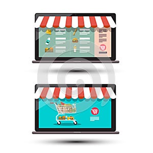 Food Online Store Concpt. E Shop Icons. E-commerce Vector Design.