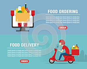 Food ordering concept design flat banners set. Food Delivery man ride scooter motorcycle. Food icon