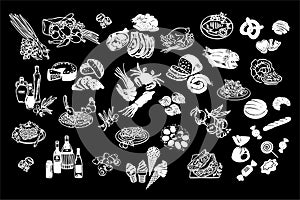 Food package. vegetables, meat, chicken, cheese, sausage, wine, fruit, fish, seafood, ice cream, bread. Grocery store. Cartoon set