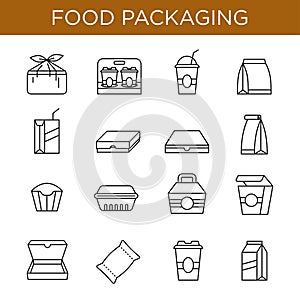 Food packaging icon set in outline style.