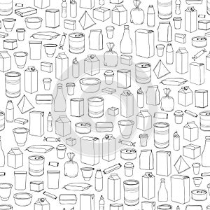 Food packaging seamless pattern. Different package outline doodle drawn icons tile background