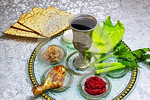 Food for Pesach Jewish Passover. Passover Seder plate Passover bowl photo