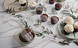 Food photo, chocolate muffins and cupcakes white cream in ceramic plates of handwork on a white wooden background with green eucal