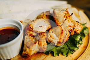 Food photo. Restaurant dishes on the wooden table.