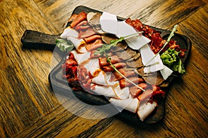 Food photo. Restaurant dishes on the wooden table.