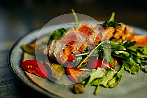 Food photo. Restaurant dishes on the wooden table.