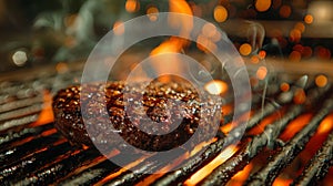 food photography, a burger patty sizzling on the grill, emanating a savory meat aroma, a delicious temptation in the air