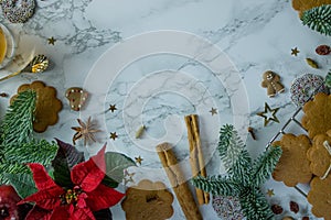 Food photography of a Christmas table decorated with gingersnap cookies, cinnamon and pine