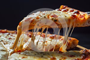 food photography, close-up of a slice pizza with stringy cheese isolated on black background