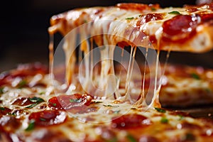 food photography, close-up of a slice pizza with stringy cheese isolated on black background