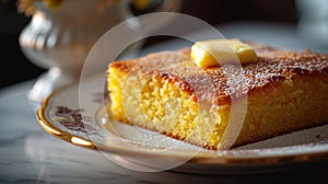Food photography, cornbread, warm with butter melting on top, served on a classic porcelain plate