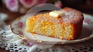 Food photography, cornbread, warm with butter melting on top, served on a classic porcelain plate