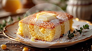 Food photography, cornbread, warm with butter melting on top, served on a classic porcelain plate