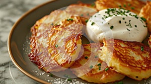 Food photography, deruny (potato pancakes), golden and crispy, with a sour cream dollop in motion on a marble