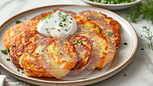 Food photography, deruny (potato pancakes), golden and crispy, with a sour cream dollop in motion on a marble