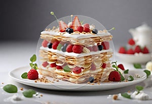 food photography featuring a beautiful mille-feuille cake prepared in molecular gastronomy style